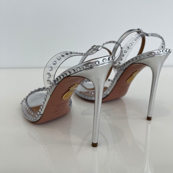 AQUAZZURA SILVER PVC LEATHER CRYSTAL SANDALS SIZE IT 38 / US 8 NEW IN BOX! - Picture 12 of 17